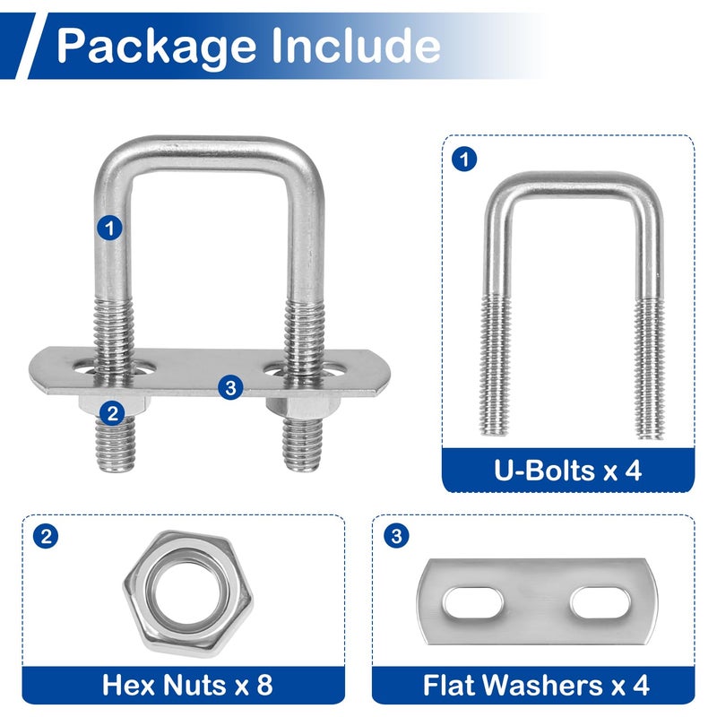 MroMax 6Pcs Square U-Bolts 1 Inch Inner Width, M6 x 25 x 50mm 304 Stainless Steel U Bolts with Frame Plates and Nuts, 2 Inch Length Mini Metal U Bolt for for Camper Trailer Marine Boat - Image 4